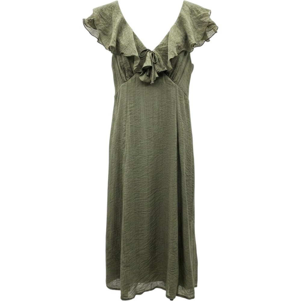 Old Navy Olive Green Ruffle V-Neck Midi Dress Textured Sleeveless‎ Large NWT